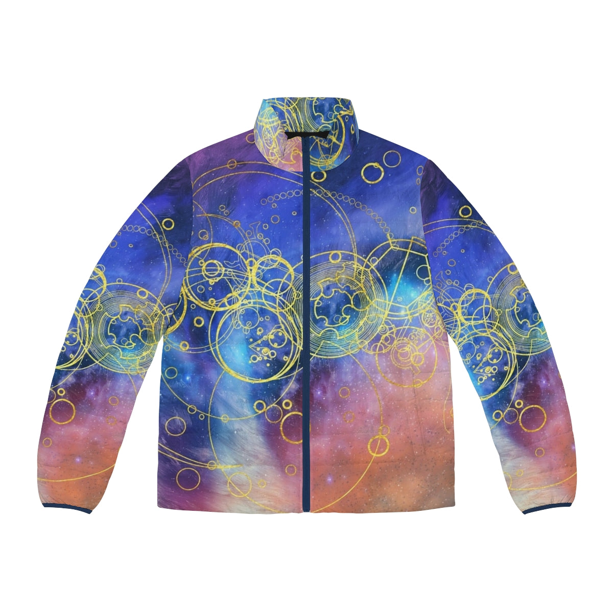 Puffer jacket featuring swirling vortex hues and Gallifreyan symbols, a must-have for Doctor Who fans.