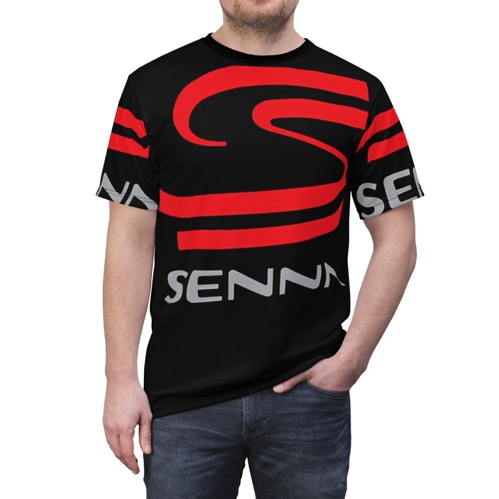 Ayrton Senna racing inspired t-shirt featuring the iconic Senna logo - men front