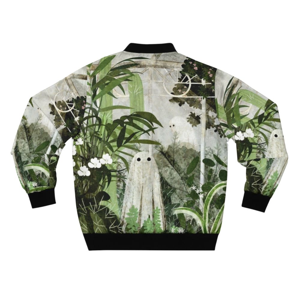 Haunted greenhouse ghost bomber jacket with nature, flowers, and plants - Back