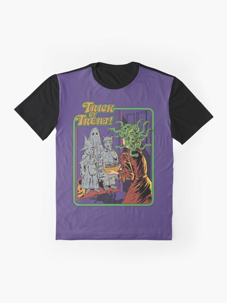 Vintage-style Halloween graphic t-shirt with "Trick or Treat" design featuring Medusa and snakes - Flat lay