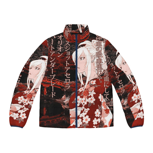 Vibrant red Yukata Puffer Jacket inspired by the iconic character Kiss Shot from the anime/light novel series.