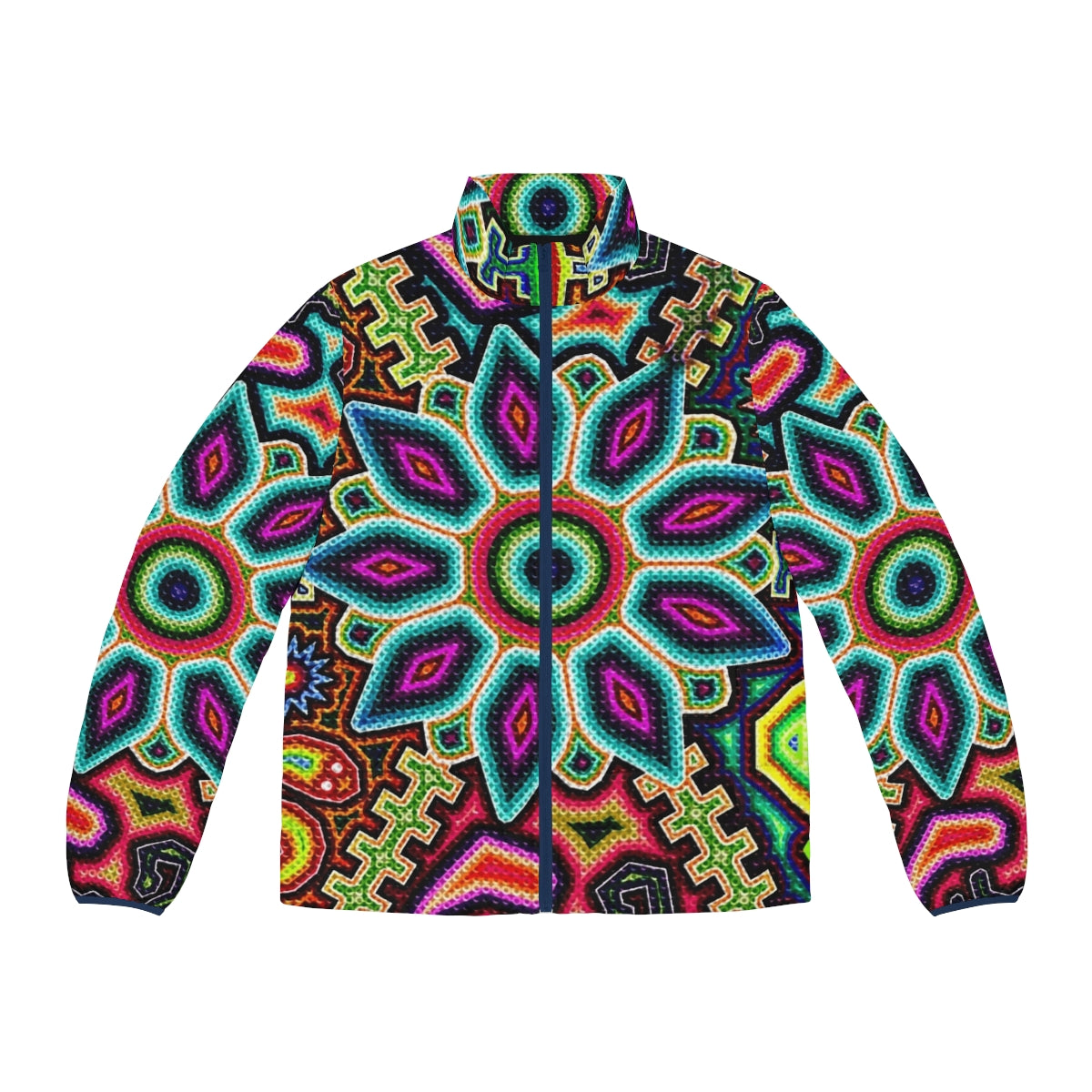 Huichol Art Mexico Puffer Jacket with Vibrant Colors and Traditional Designs