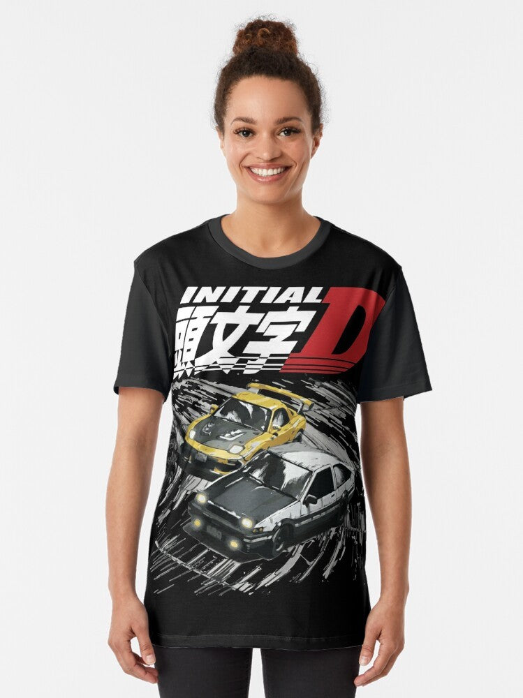 Graphic t-shirt featuring Initial D anime characters and cars including the Toyota AE86 and Mazda FD RX-7 in a drift racing scene. - Women