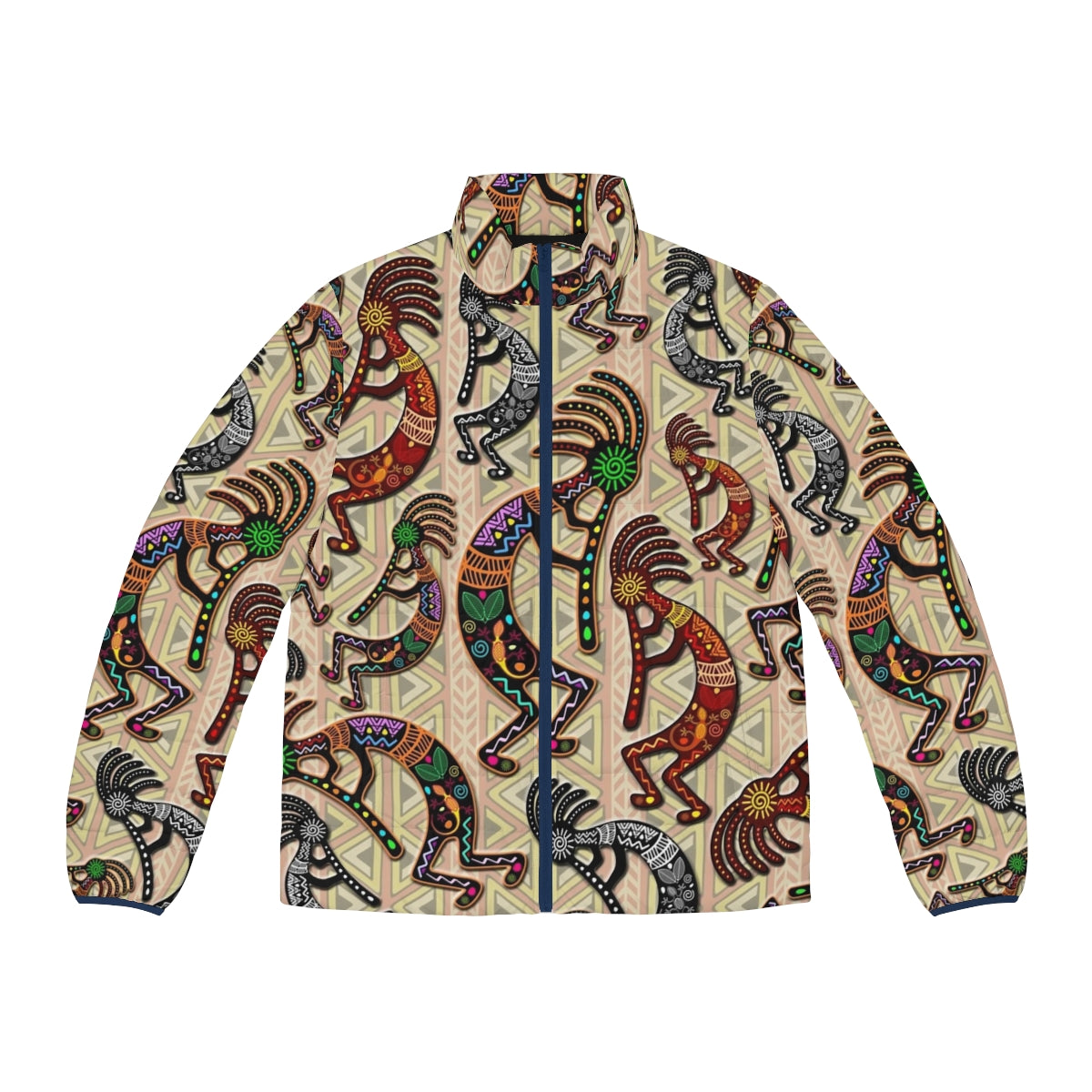 Kokopelli tribal pattern puffer jacket with native american mythological design