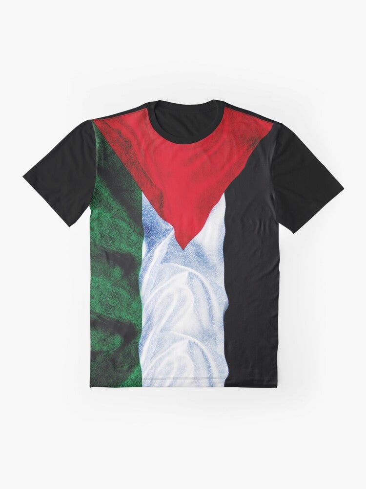 Palestinian flag graphic printed on a t-shirt, featuring the iconic colors and design of the Palestinian national flag. - Flat lay