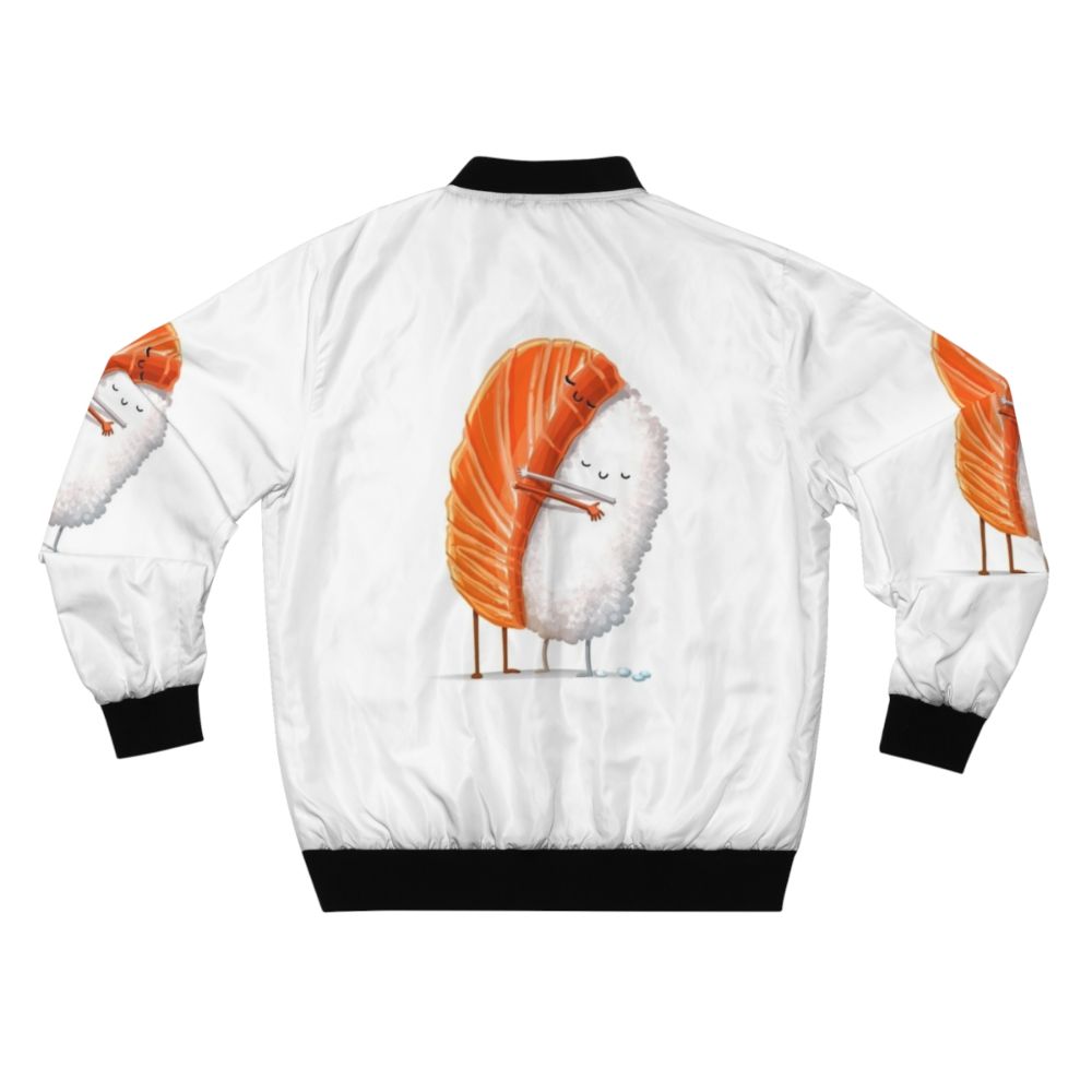 Sushi-themed bomber jacket with a hug design, perfect for Japanese food and anime fans - Back