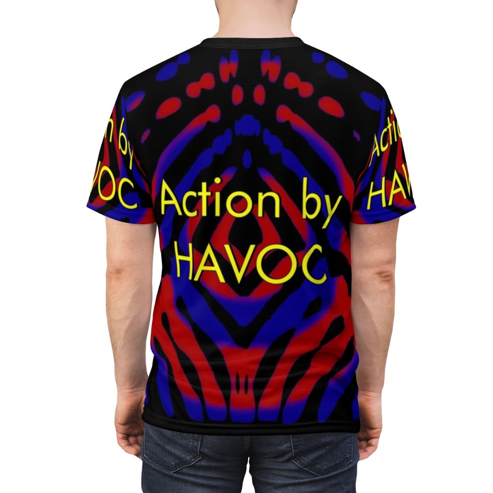 Action-packed 1970s sci-fi stunt t-shirt design - men back