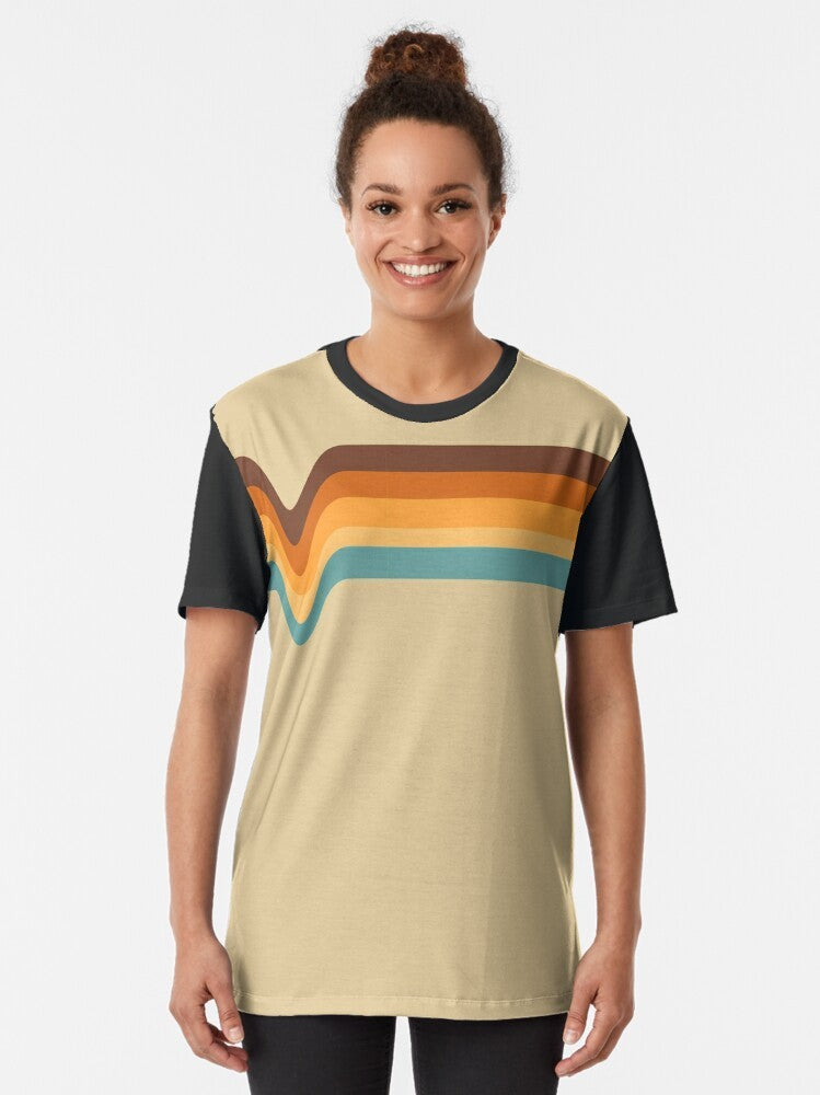 Vintage 70s style striped graphic t-shirt in orange, yellow, brown, and blue colors - Women