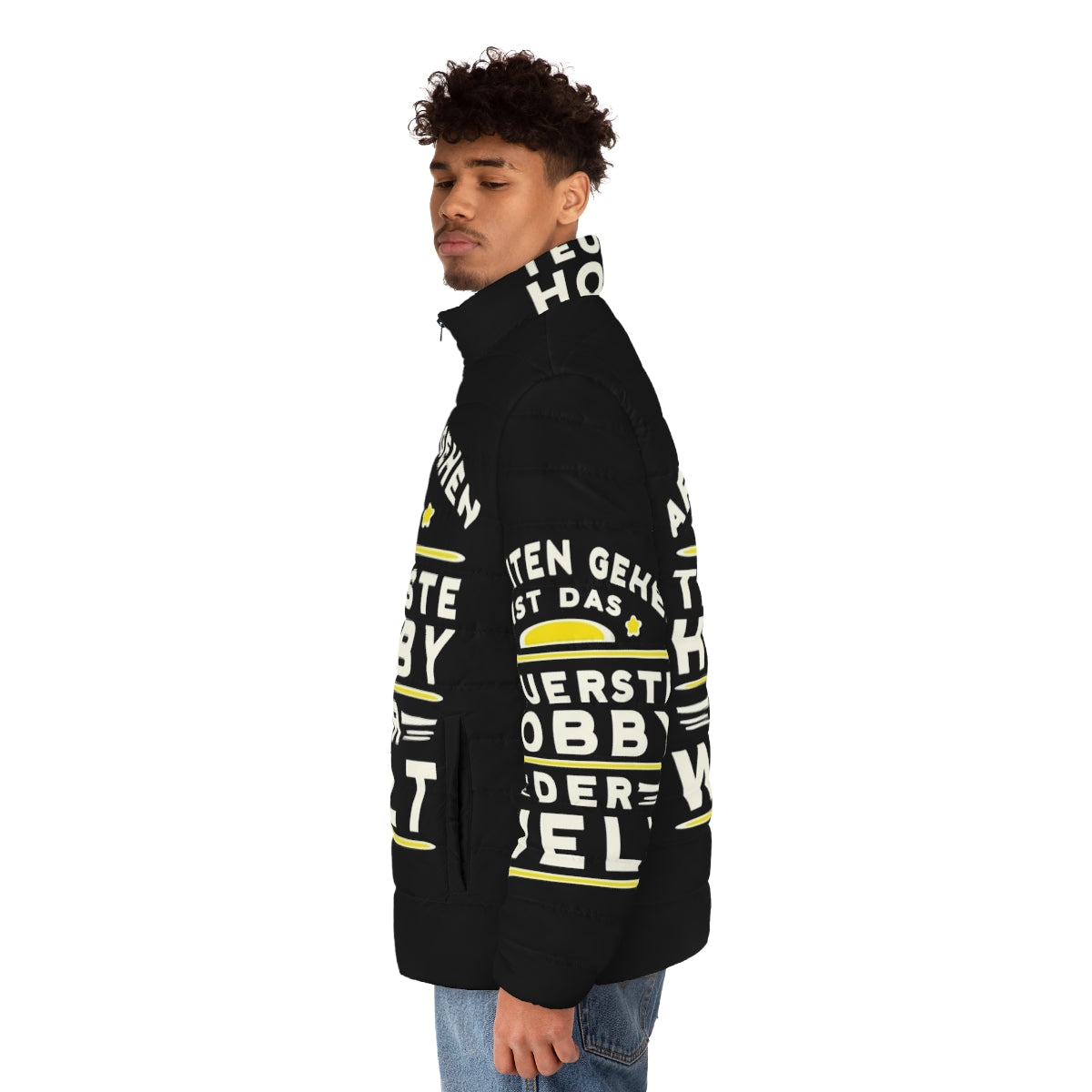 Hobbies puffer jacket with conspiracy and politics themed design - men side left