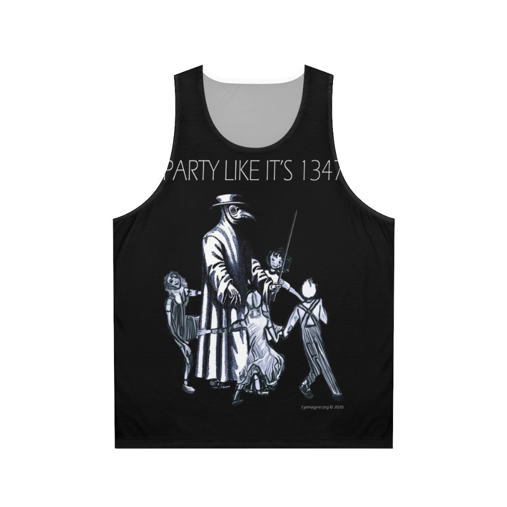 "Party Like It's 1347" unisex tank top featuring plague doctor design