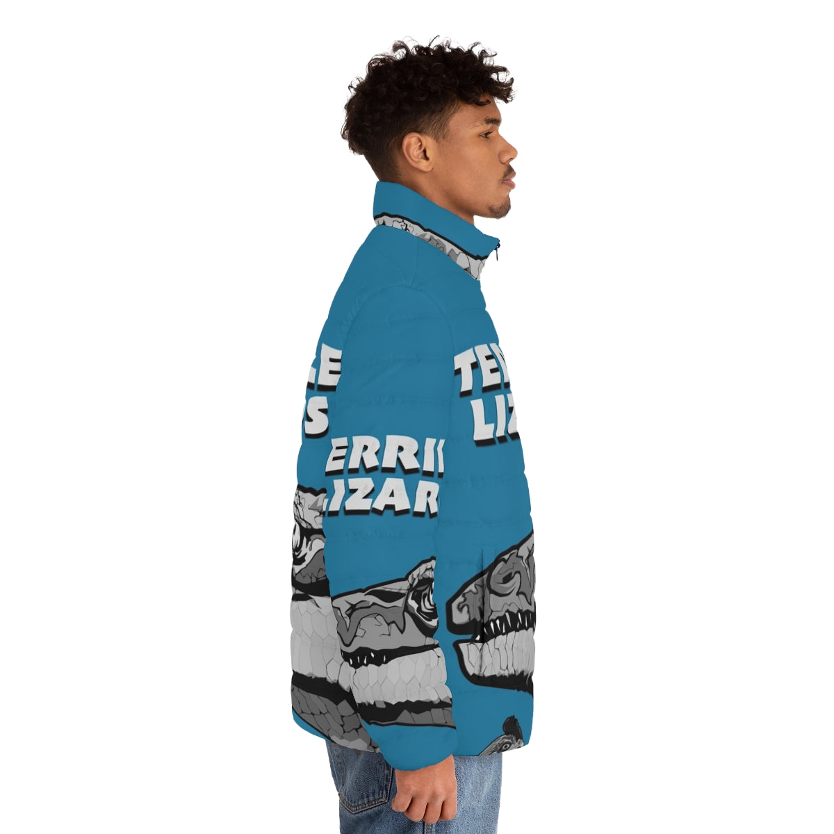 Puffer jacket featuring a megalosaurus dinosaur design - men side right