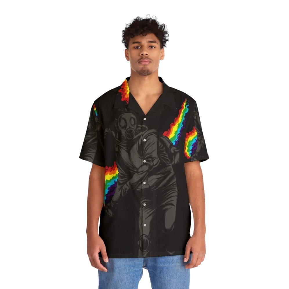 Colorful Hawaiian shirt with "No More Tear Gas" design - People Front