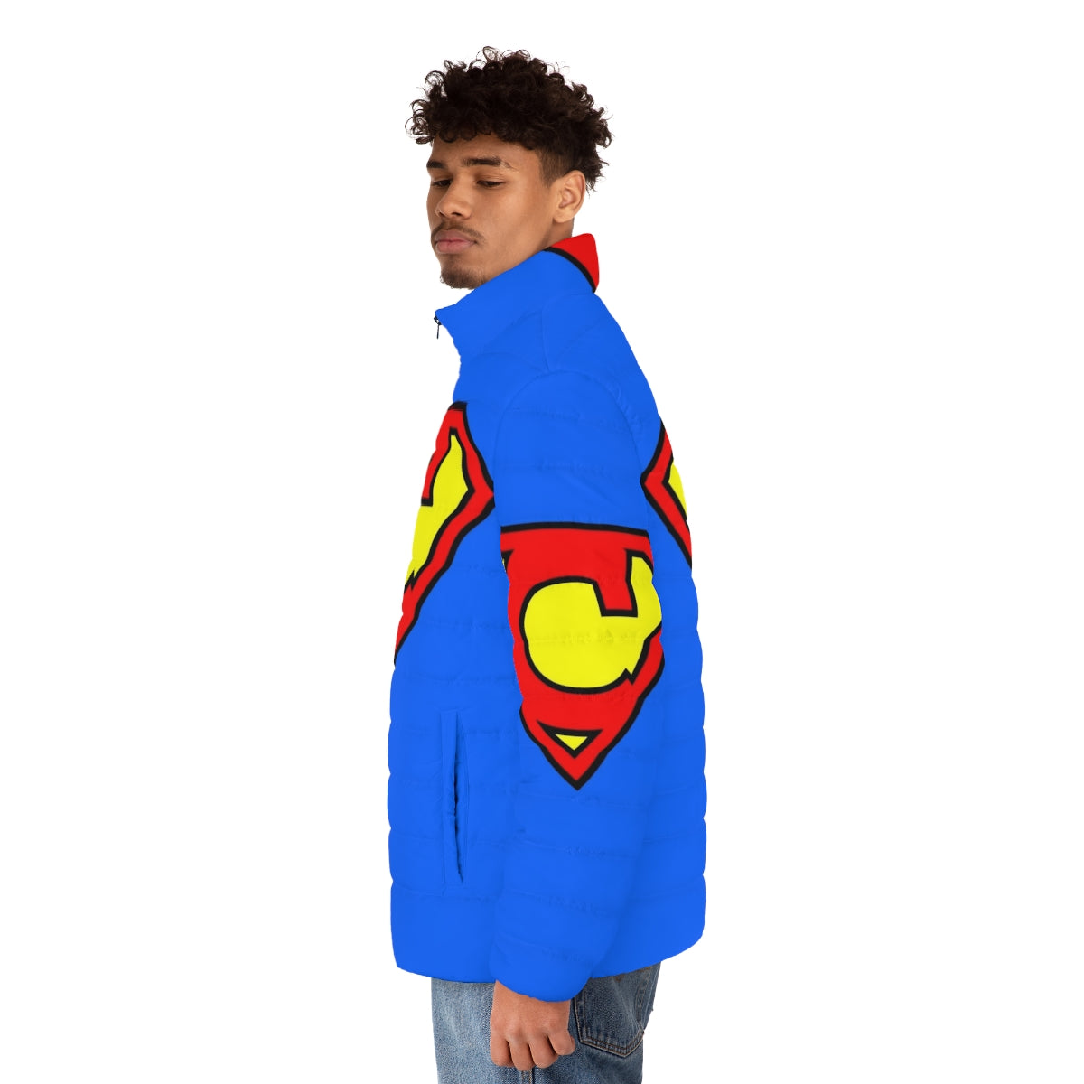 Letter C Super Letter Puffer Jacket with Superhero Design - men side left