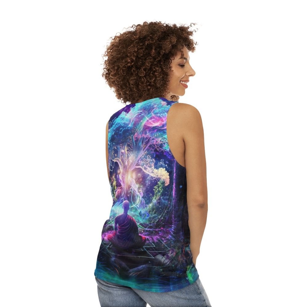 Unisex tank top with cosmic, nature-inspired Midnight Garden artwork - women back