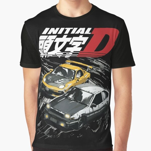 Graphic t-shirt featuring the iconic Initial D AE86 and FD RX-7 drifting cars