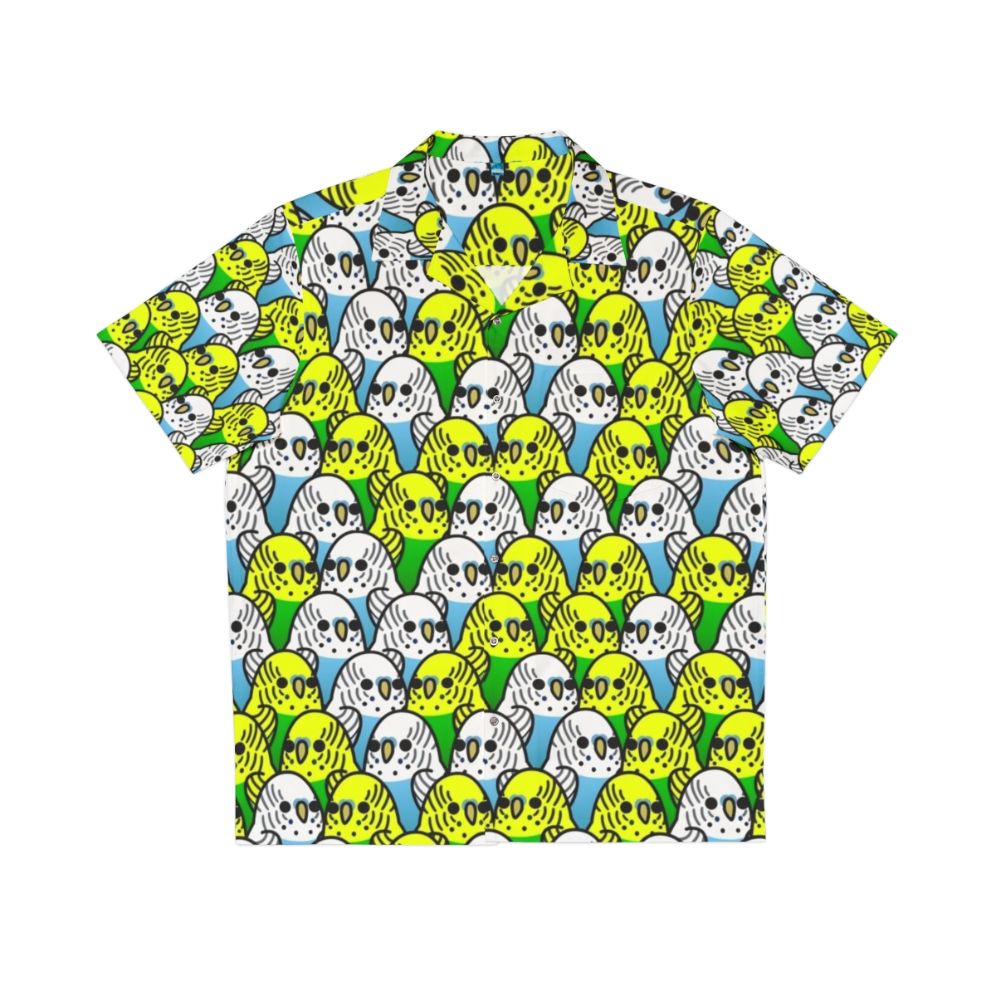 Tropical Hawaiian shirt with a colorful bird pattern featuring cockatiels, cockatoos, macaws, parakeets, and budgies.