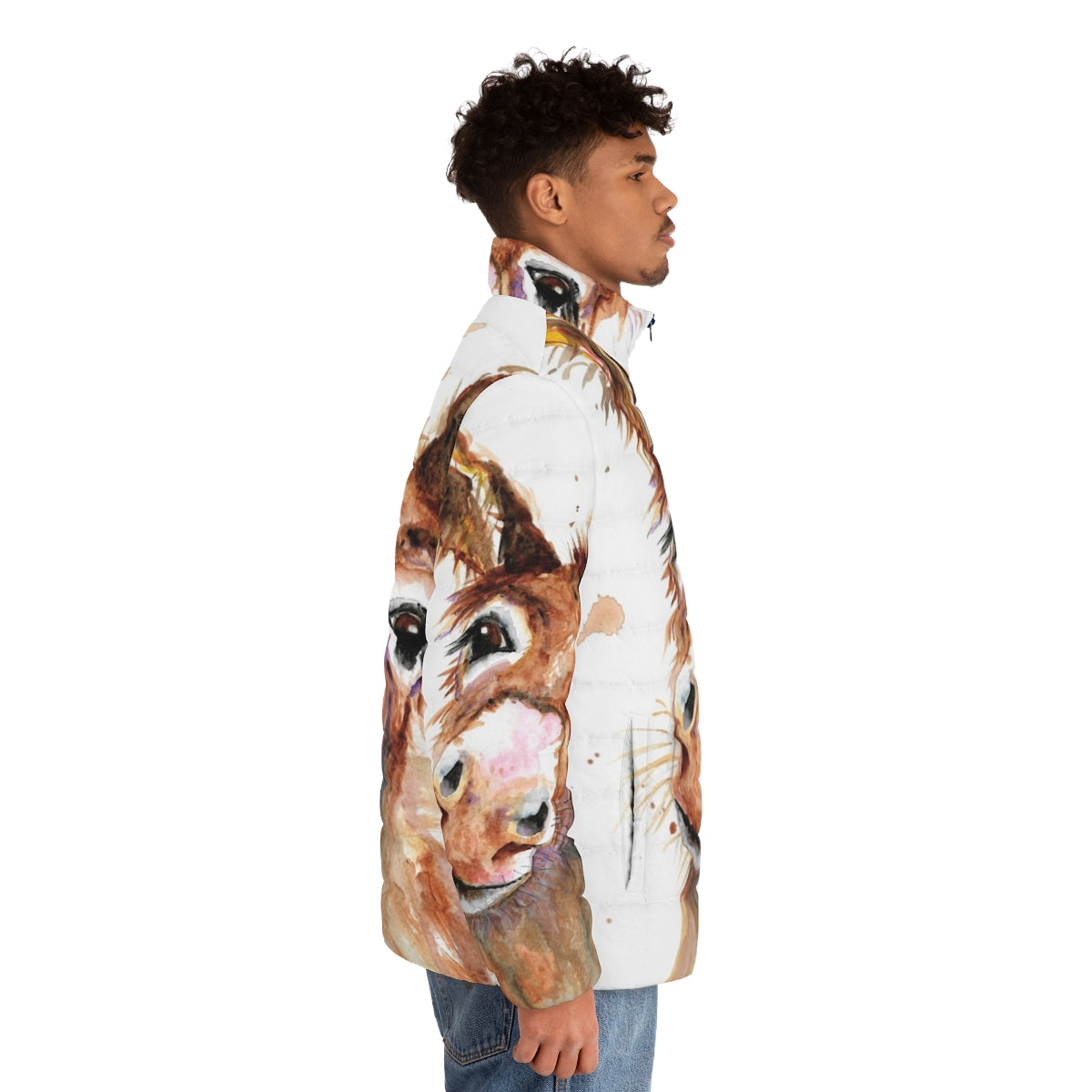 Cute donkey face puffer jacket with a whimsical animal portrait design - men side right