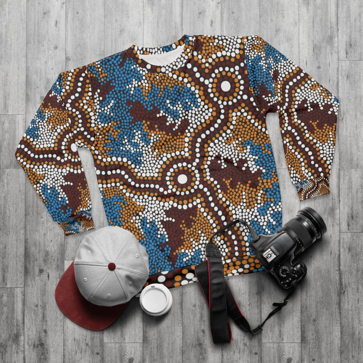 Authentic Aboriginal Art Wetland Dreaming Sweatshirt - flat lay