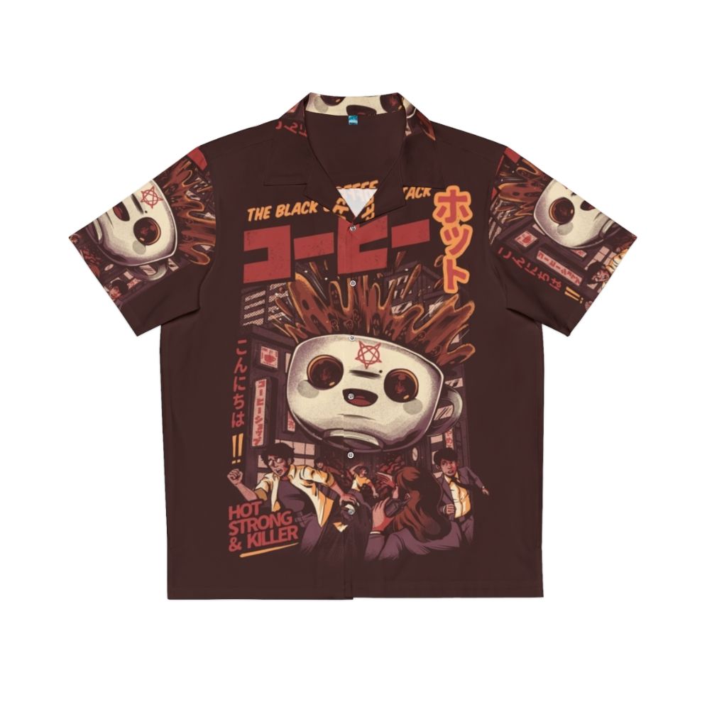 Black Magic Coffee Hawaiian Shirt with Retro Anime Inspired Kaiju Monster Graphic