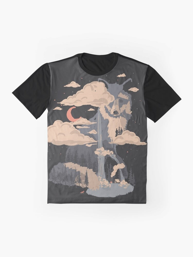 Graphic t-shirt design featuring a scenic nature landscape with a waterfall, pond, and fox in the mountains - Flat lay