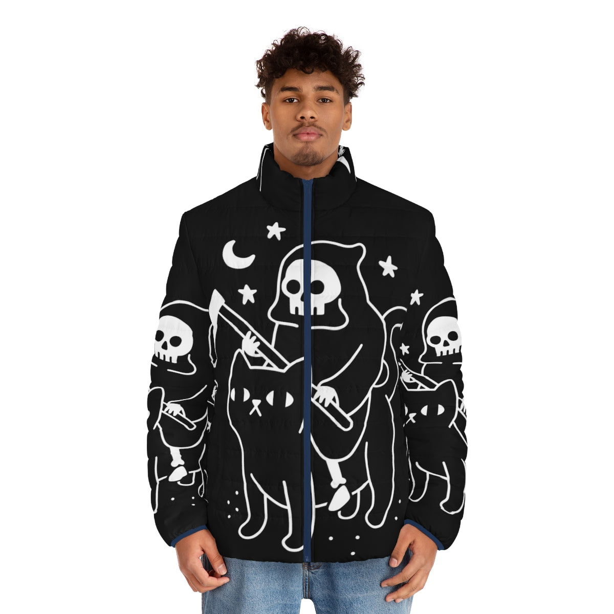 Puffer jacket with a death-themed black cat design - men front