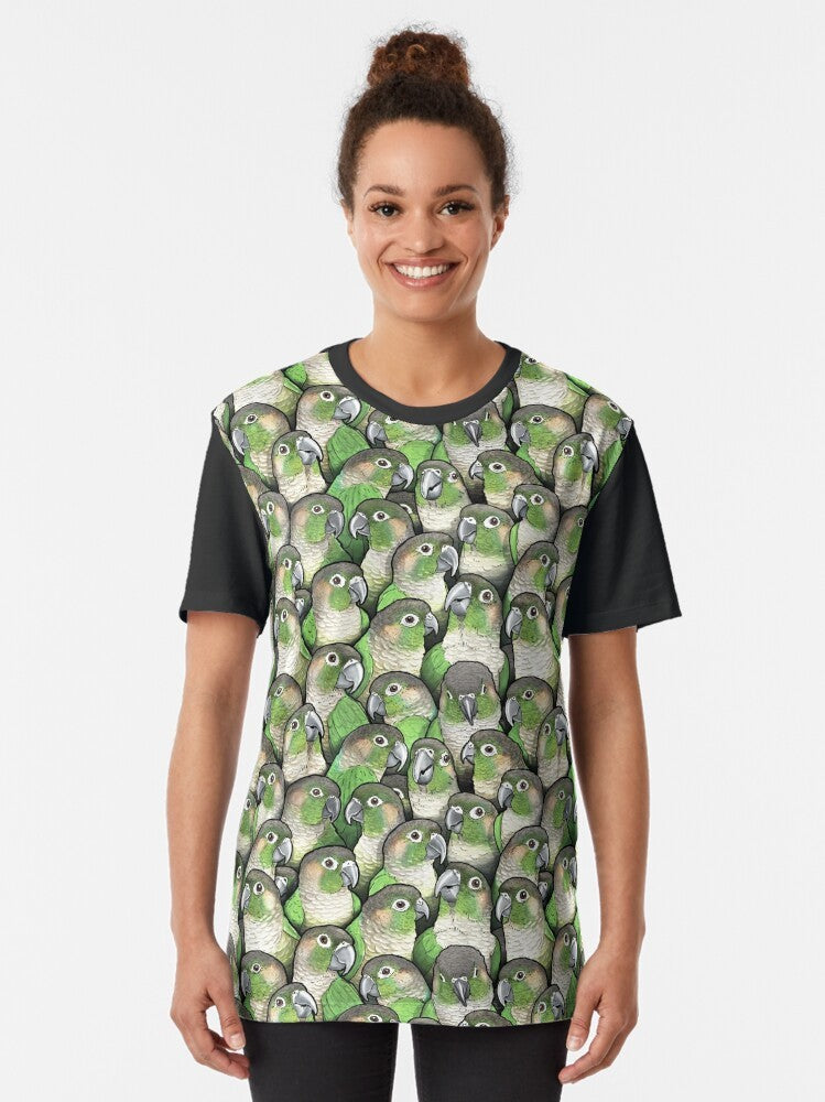 Colorful illustration of a green cheeked conure parrot on a t-shirt - Women