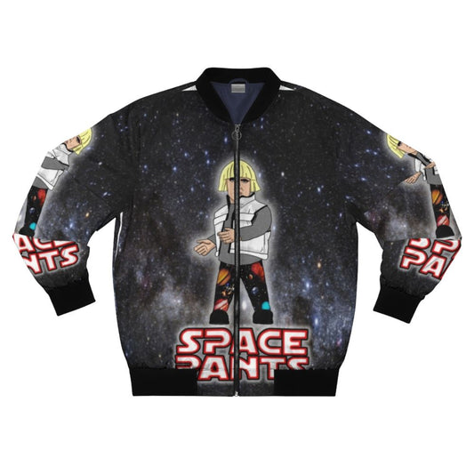 A stylish bomber jacket featuring a galaxy-inspired "Space Pants" design