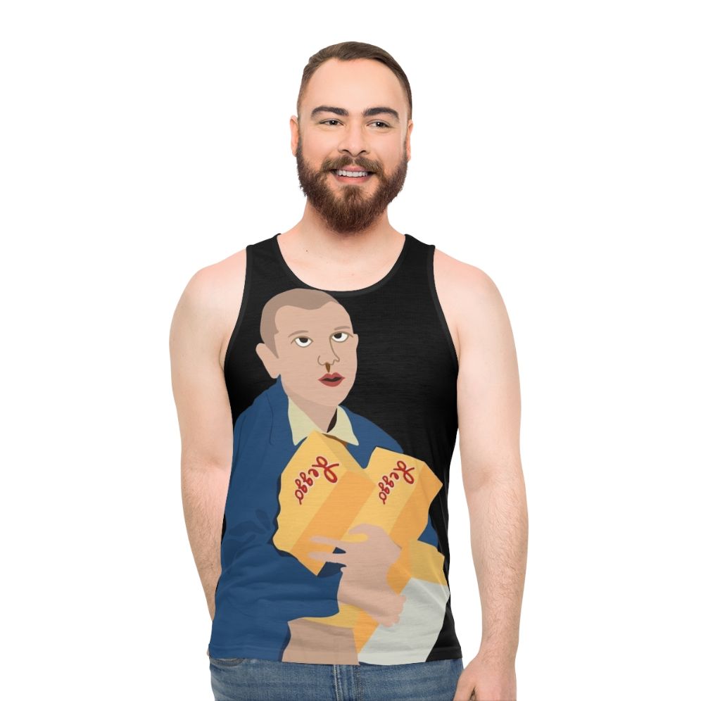 Eleven from Stranger Things fan art design on a unisex tank top - men