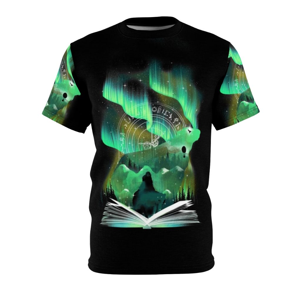 A cozy t-shirt featuring a fantasy fiction book themed design