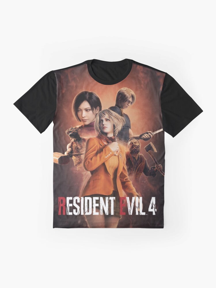 Resident Evil 4 Remake graphic t-shirt featuring Leon Kennedy, Ada Wong, and Ashley Graham - Flat lay