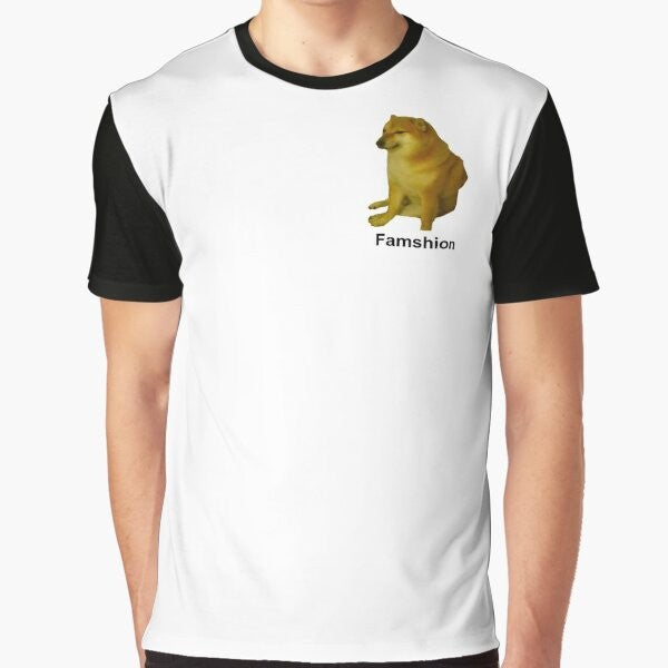 Cheems, a popular Shiba Inu meme character, featured on a yellow graphic t-shirt.