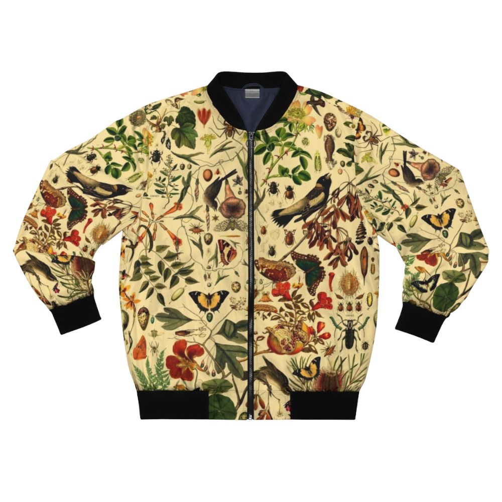 Vintage-style bomber jacket with a repeating pattern of biology-themed elements like plants, insects, and animals.