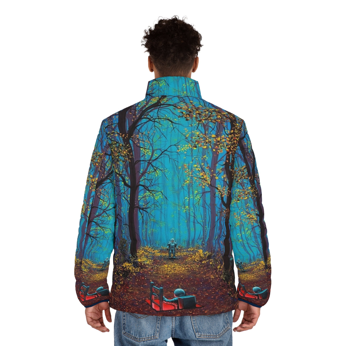 Puffer jacket featuring a space-themed, surreal, and psychedelic design - men back