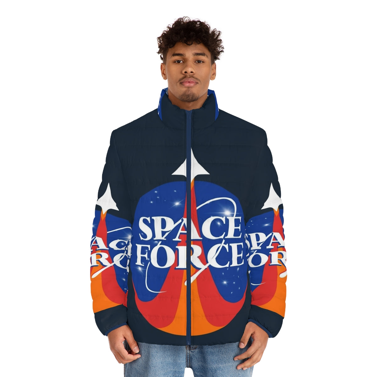 Space Force Puffer Jacket with Vintage Moon Landing Graphics - men front