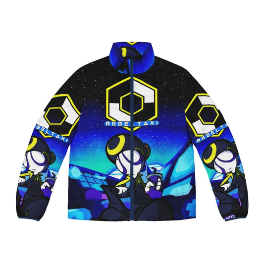 Rebirth Puffer Jacket featuring digital art with a skull, butterfly, and occult elements