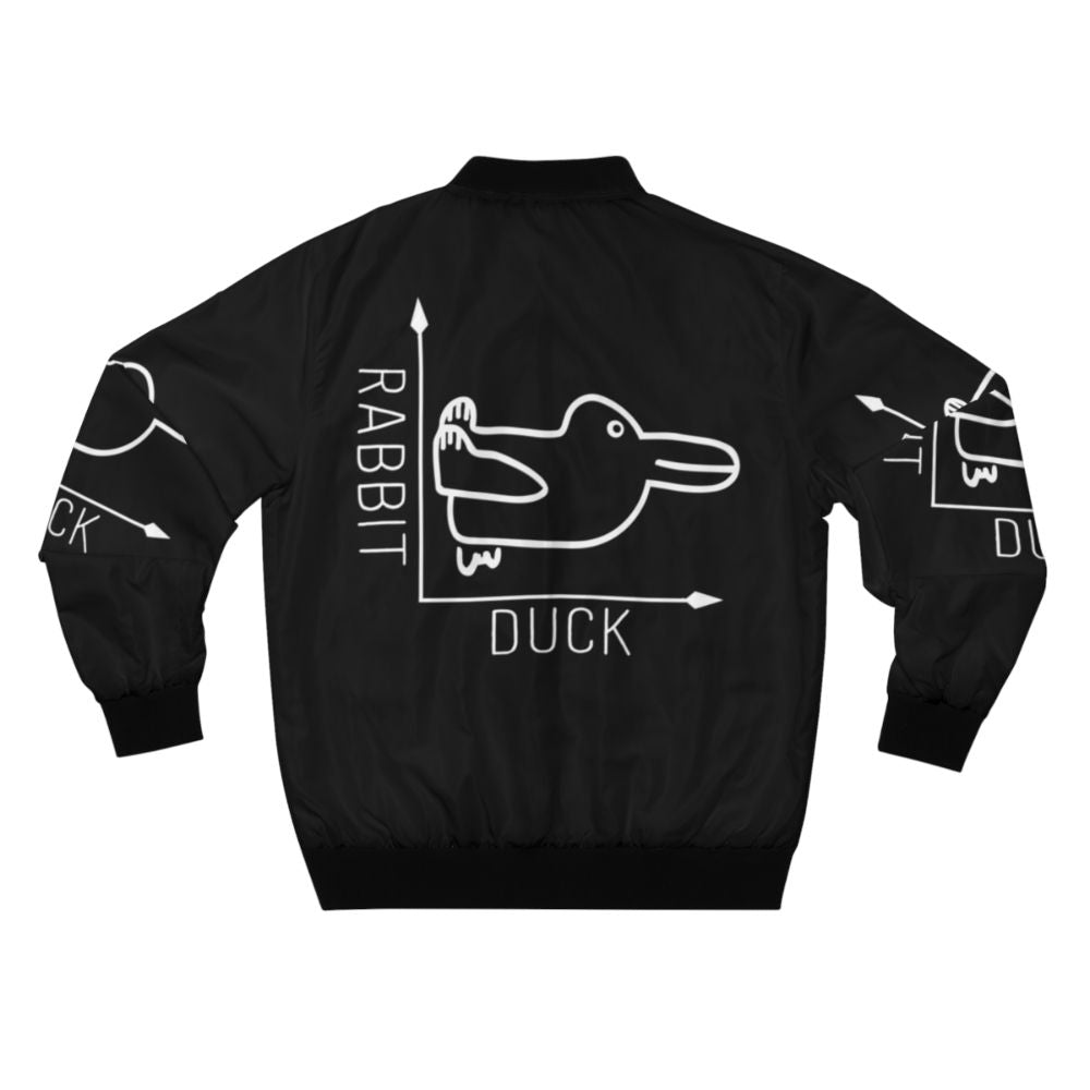 A bomber jacket featuring the famous Wittgenstein rabbit-duck illusion, representing the philosophical concept of perspective and language. - Back