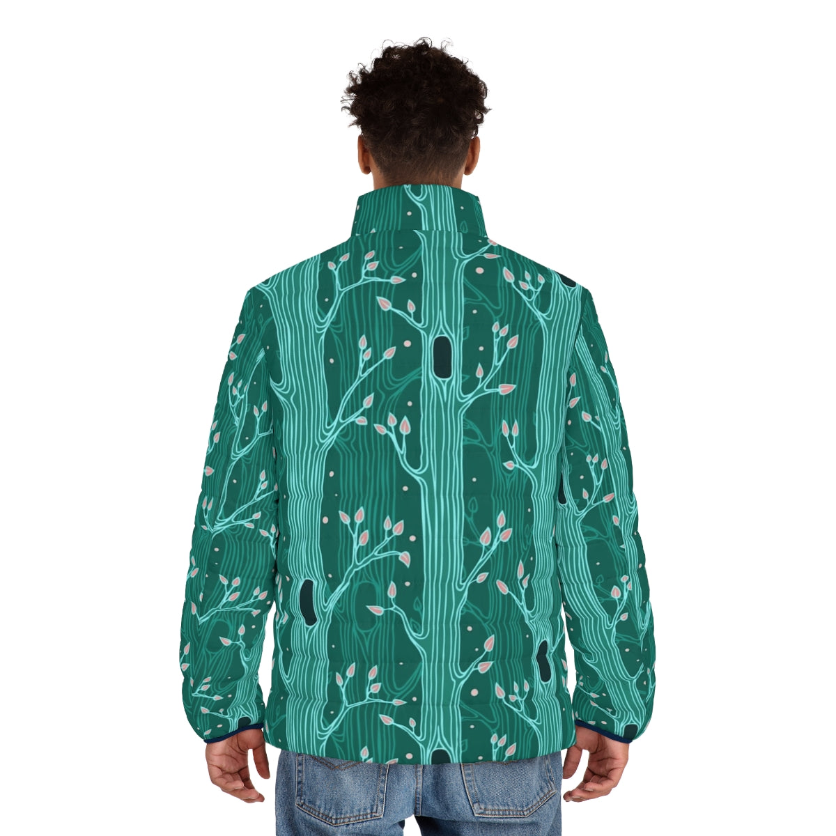 Emerald forest seamless tree pattern puffer jacket - men back