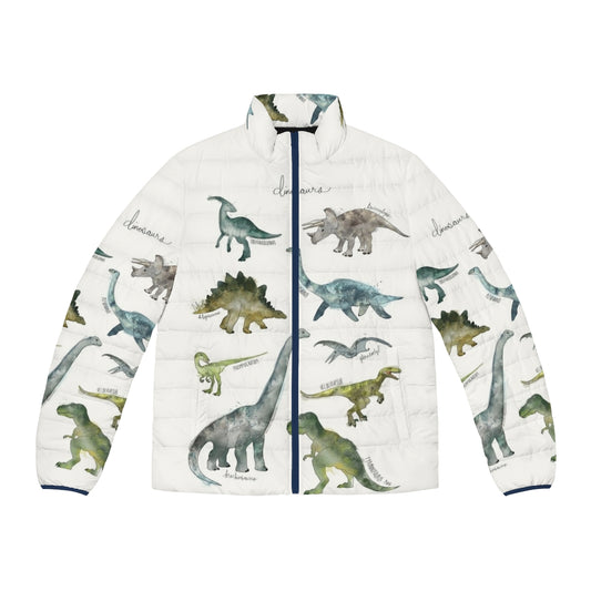 Dinosaur-printed puffer jacket with educational design