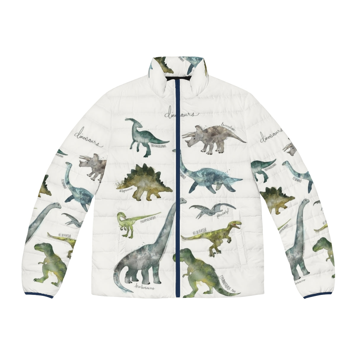 A puffer jacket featuring a whimsical pattern of dinosaurs floating in a galaxy of stars and planets.