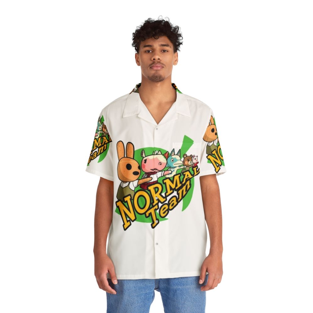 Colorful Hawaiian-style shirt with Animal Crossing character designs - People Front