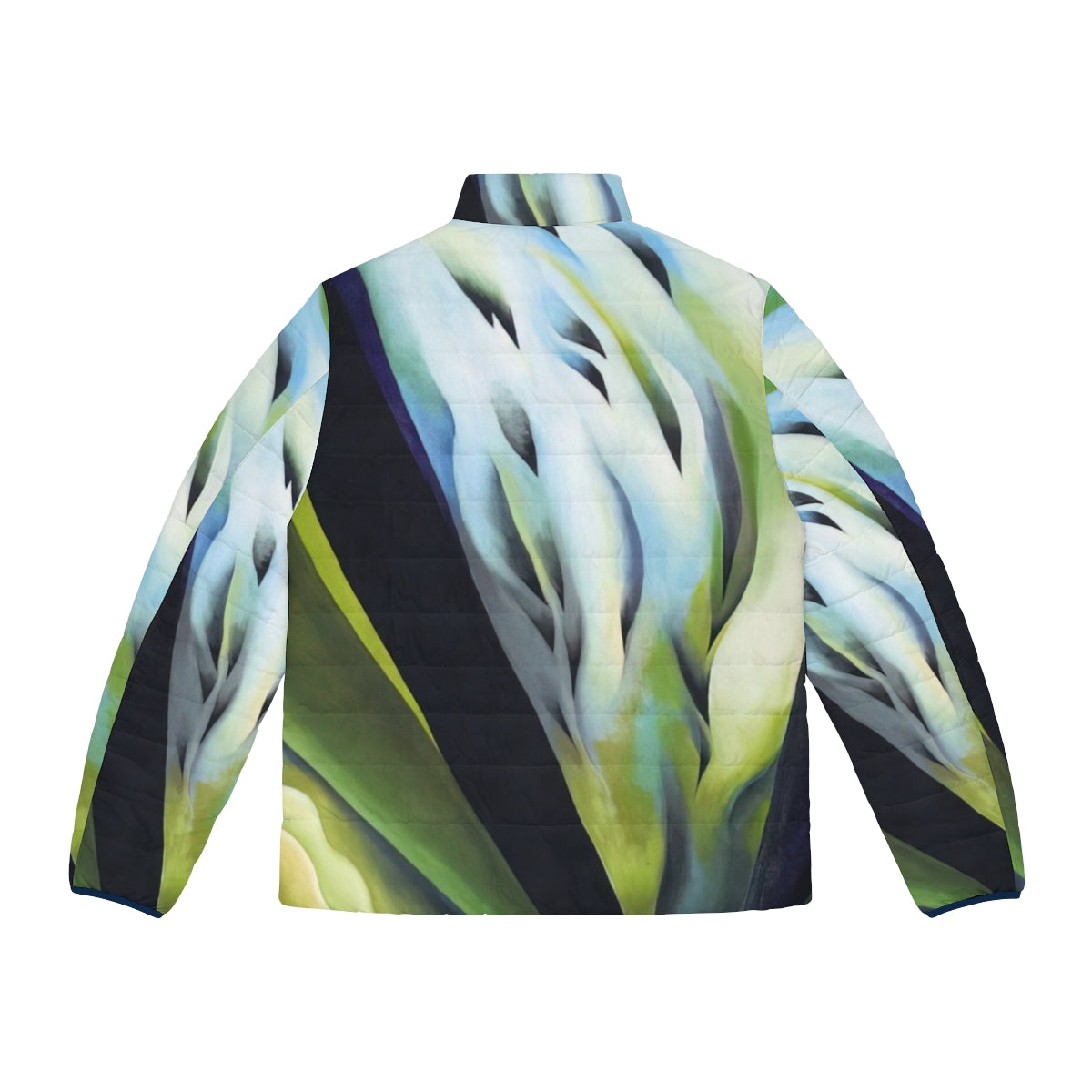 Georgia O'Keeffe inspired puffer jacket with vibrant blue and green floral abstraction design - Back