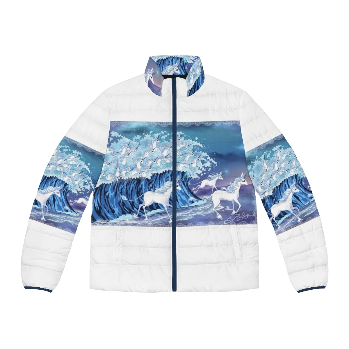 Puffer jacket featuring enchanting unicorns swimming in the sea