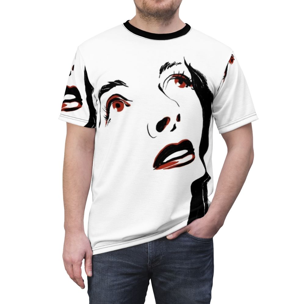 Vintage-style portrait of legendary actress Katharine Hepburn on a high-quality t-shirt - men front