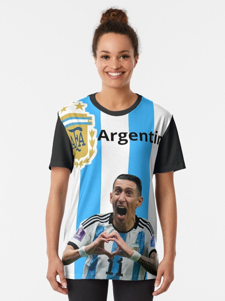 Di Maria Argentina T-Shirt with Player Celebrating Goal in 2022 World Cup - Women