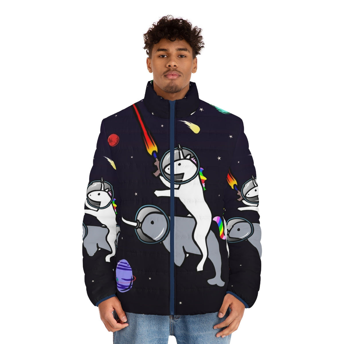 Puffer jacket featuring a unicorn riding a narwhal in space - men front