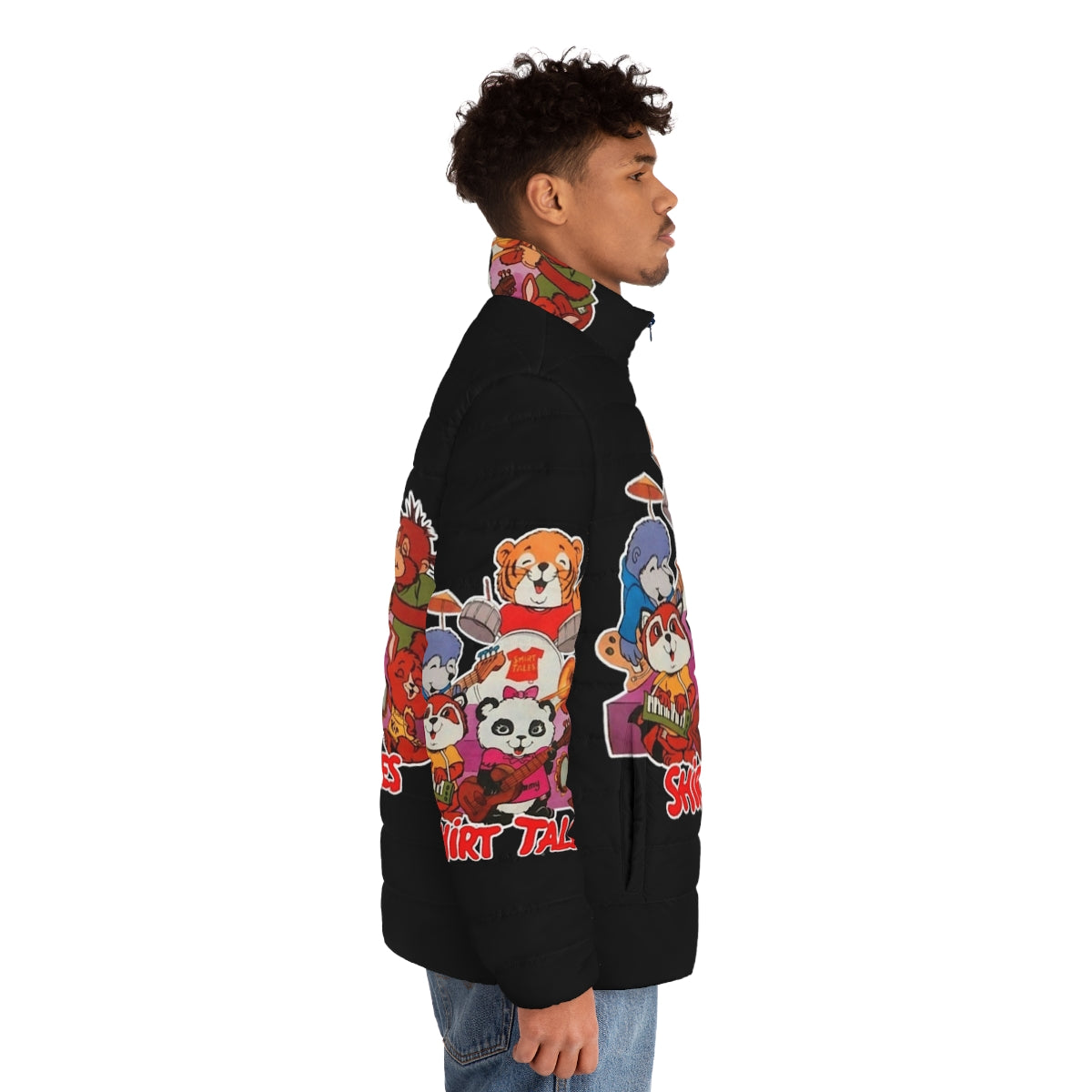 Retro 80s puffer jacket featuring Shirt Tales cartoon characters - men side right