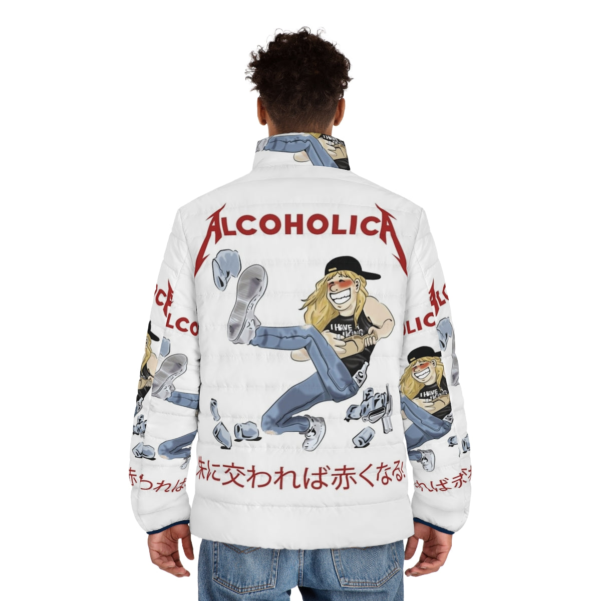 Alcoholica Puffer Jacket featuring metal music, anime-style cartoon, and alcohol-themed imagery - men back