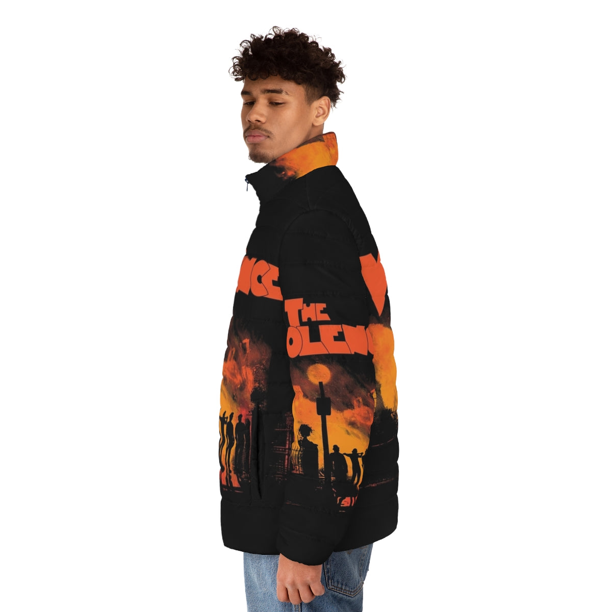 Vibrant puffer jacket with horror and thriller-inspired design - men side left