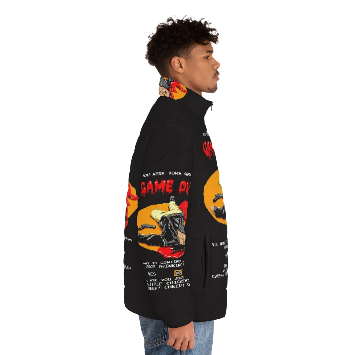 Torn Apart Puffer Jacket featuring iconic The Room quotes and imagery - men side right