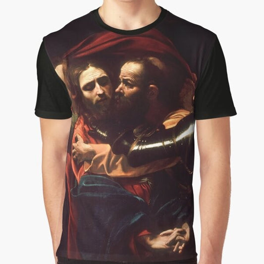 Vintage graphic t-shirt featuring Caravaggio's famous painting "The Taking of Christ"